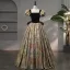 Vintage / Retro Black Printing Prom Dresses 2024 Ball Gown Square Neckline Puffy Short Sleeve Backless Bow Floor-Length / Long Formal Dresses