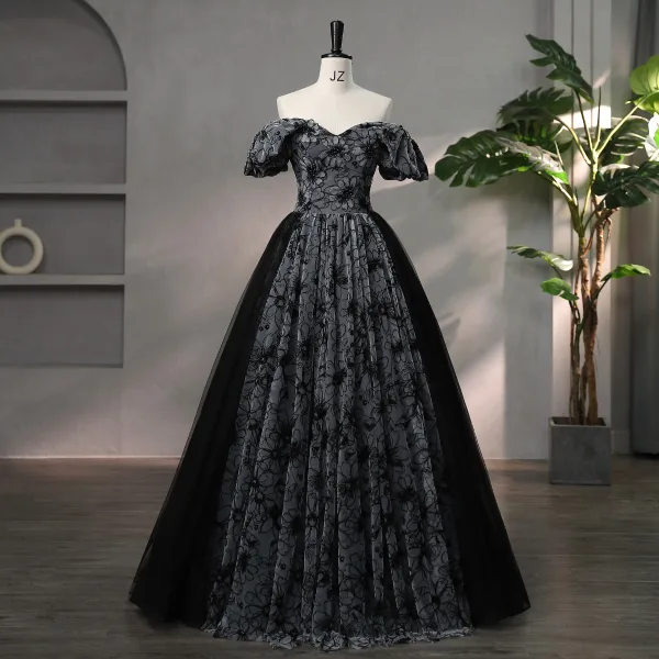 Chic / Beautiful Black Rhinestone Flower Prom Dresses 2024 Ball Gown V-Neck Short Sleeve Backless Floor-Length / Long Prom Formal Dresses