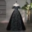 Chic / Beautiful Black Rhinestone Flower Prom Dresses 2024 Ball Gown V-Neck Short Sleeve Backless Floor-Length / Long Prom Formal Dresses