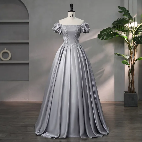 Elegant Grey Beading Pearl Sequins Satin Prom Dresses 2024 Ball Gown Square Neckline Puffy Short Sleeve Backless Floor-Length / Long Prom Formal Dresses