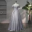 Elegant Grey Beading Pearl Sequins Satin Prom Dresses 2024 Ball Gown Square Neckline Puffy Short Sleeve Backless Floor-Length / Long Prom Formal Dresses