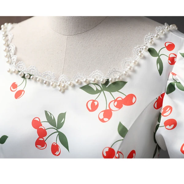 Elegant White Cherry Printing Prom Dresses 2023 Ball Gown Pearl Square Neckline Short Sleeve Backless Floor-Length / Long Prom Formal Dresses