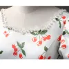 Elegant White Cherry Printing Prom Dresses 2023 Ball Gown Pearl Square Neckline Short Sleeve Backless Floor-Length / Long Prom Formal Dresses
