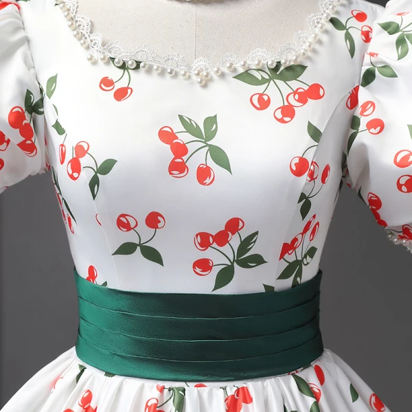 Elegant White Cherry Printing Prom Dresses 2023 Ball Gown Pearl Square Neckline Short Sleeve Backless Floor-Length / Long Prom Formal Dresses