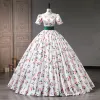 Elegant White Cherry Printing Prom Dresses 2023 Ball Gown Pearl Square Neckline Short Sleeve Backless Floor-Length / Long Prom Formal Dresses