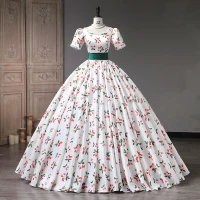 Elegantes Blanco Cereza Impresión Vestidos de gala 2023 Ball Gown Perla Escote Cuadrado Manga Corta Sin Espalda Largos Gala Vestidos Formales