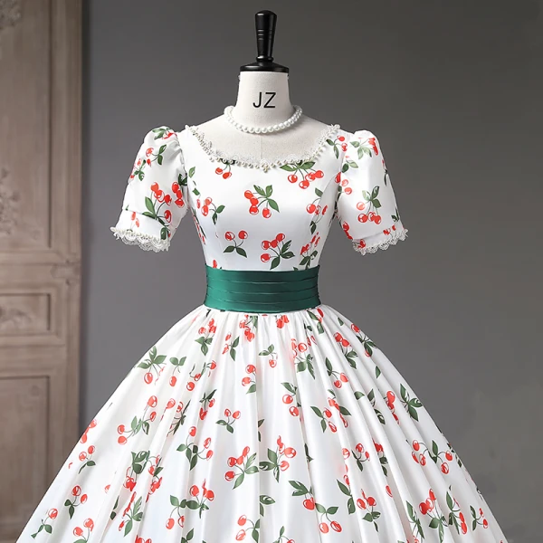 Elegant White Cherry Printing Prom Dresses 2023 Ball Gown Pearl Square Neckline Short Sleeve Backless Floor-Length / Long Prom Formal Dresses