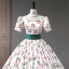Elegant White Cherry Printing Prom Dresses 2023 Ball Gown Pearl Square Neckline Short Sleeve Backless Floor-Length / Long Prom Formal Dresses