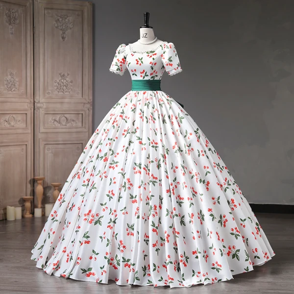 Elegant White Cherry Printing Prom Dresses 2023 Ball Gown Pearl Square Neckline Short Sleeve Backless Floor-Length / Long Prom Formal Dresses