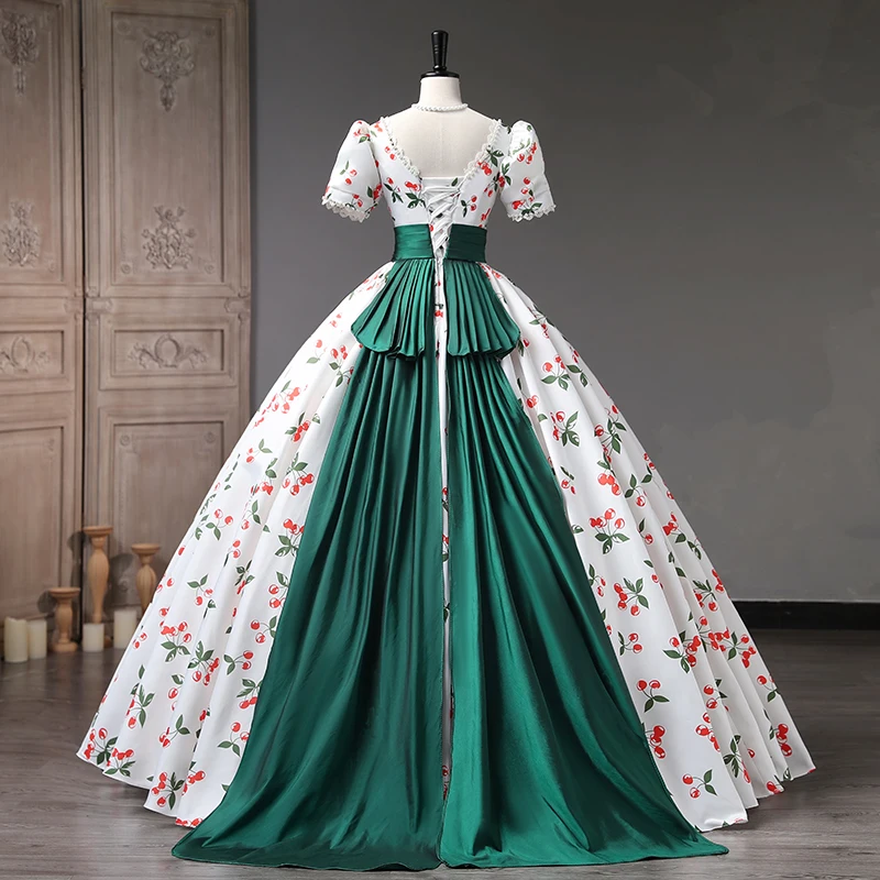 Elegant White Cherry Printing Prom Dresses 2023 Ball Gown Pearl Square Neckline Short