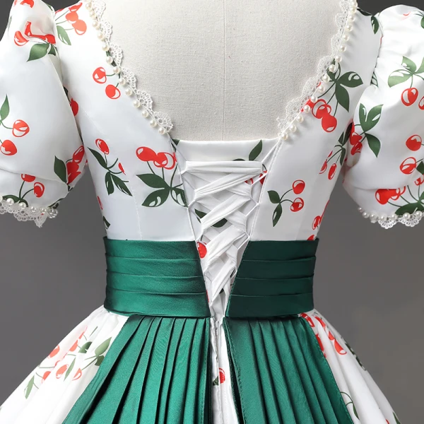 Elegant White Cherry Printing Prom Dresses 2023 Ball Gown Pearl Square Neckline Short Sleeve Backless Floor-Length / Long Prom Formal Dresses