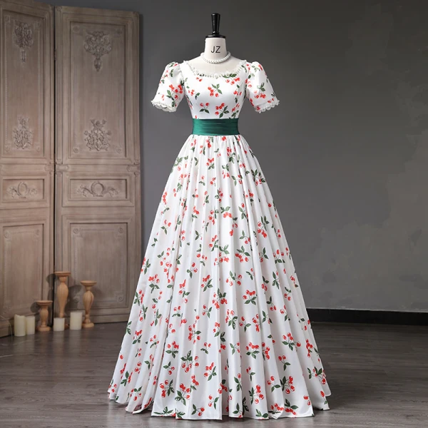 Elegant White Cherry Printing Prom Dresses 2023 Ball Gown Pearl Square Neckline Short Sleeve Backless Floor-Length / Long Prom Formal Dresses