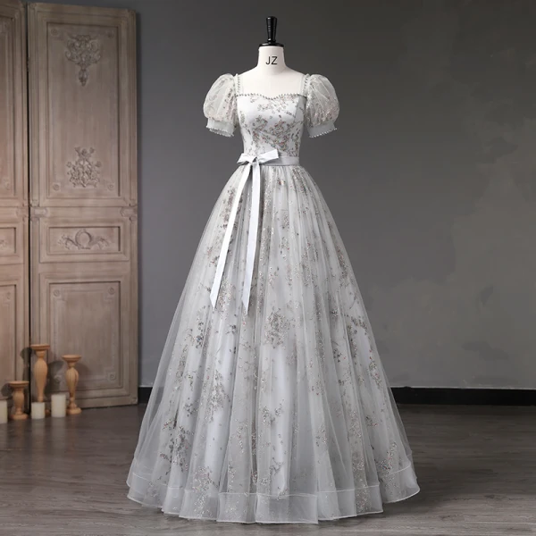 Élégant Gris Paillettes Robe De Bal 2023 Robe Boule Perle Encolure Carrée Gonflée Manches Courtes Noeud Ceinture Dos Nu Longue Promo Robe De Ceremonie