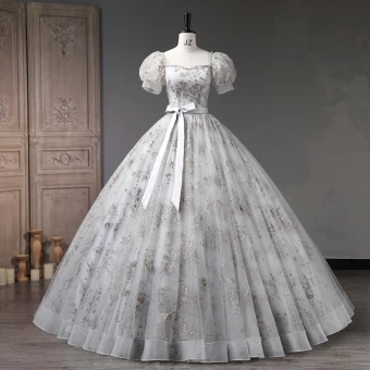 Élégant Gris Paillettes Robe De Bal 2023 Robe Boule Perle Encolure Carrée Gonflée Manches Courtes Noeud Ceinture Dos Nu Longue Promo Robe De Ceremonie