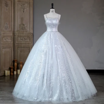 Sparkly Silver Sequins Prom Dresses 2023 Ball Gown Rhinestone Spaghetti Straps Sash Sleeveless Backless Floor Length Long Prom Formal Dresses