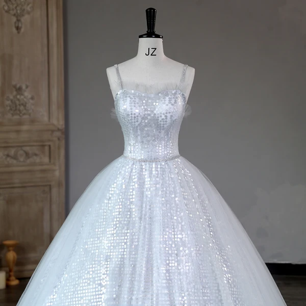 Sparkly Silver Sequins Prom Dresses 2023 Ball Gown Rhinestone Spaghetti Straps Sash Sleeveless Backless Floor-Length / Long Prom Formal Dresses
