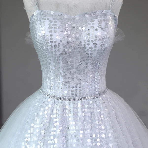 Sparkly Silver Sequins Prom Dresses 2023 Ball Gown Rhinestone Spaghetti Straps Sash Sleeveless Backless Floor-Length / Long Prom Formal Dresses