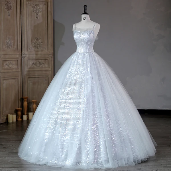 Sparkly Silver Sequins Prom Dresses 2023 Ball Gown Rhinestone Spaghetti Straps Sash Sleeveless Backless Floor-Length / Long Prom Formal Dresses