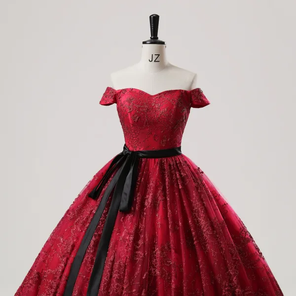 Chic Bordeaux Glitter Paillettes Noeud Ceinture Robe De Bal 2025 Robe Boule De l'épaule Sans Manches Dos Nu Longue Tulle Promo Robe De Ceremonie