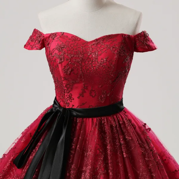 Chic Bordeaux Glitter Paillettes Noeud Ceinture Robe De Bal 2025 Robe Boule De l'épaule Sans Manches Dos Nu Longue Tulle Promo Robe De Ceremonie