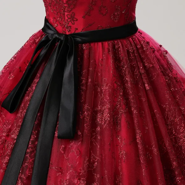 Chic Bordeaux Glitter Paillettes Noeud Ceinture Robe De Bal 2025 Robe Boule De l'épaule Sans Manches Dos Nu Longue Tulle Promo Robe De Ceremonie