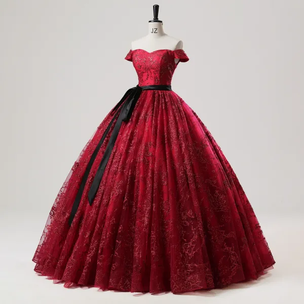 Chic Bordeaux Glitter Paillettes Noeud Ceinture Robe De Bal 2025 Robe Boule De l'épaule Sans Manches Dos Nu Longue Tulle Promo Robe De Ceremonie