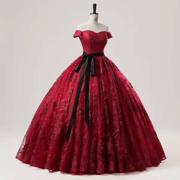 Chic Bordeaux Glitter Paillettes Noeud Ceinture Robe De Bal 2025 Robe Boule De l'épaule Sans Manches Dos Nu Longue Tulle Promo Robe De Ceremonie