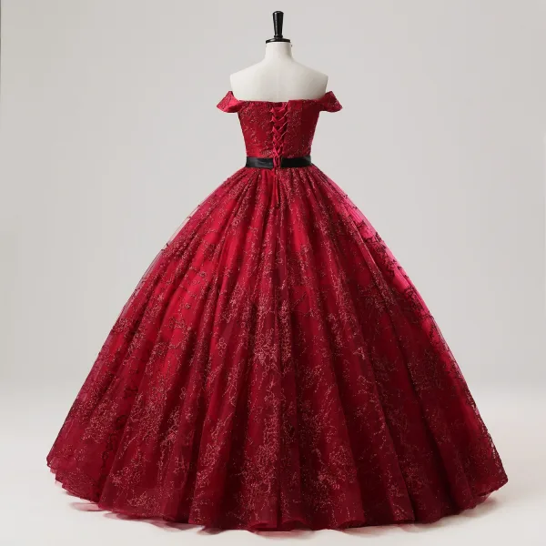 Chic Bordeaux Glitter Paillettes Noeud Ceinture Robe De Bal 2025 Robe Boule De l'épaule Sans Manches Dos Nu Longue Tulle Promo Robe De Ceremonie