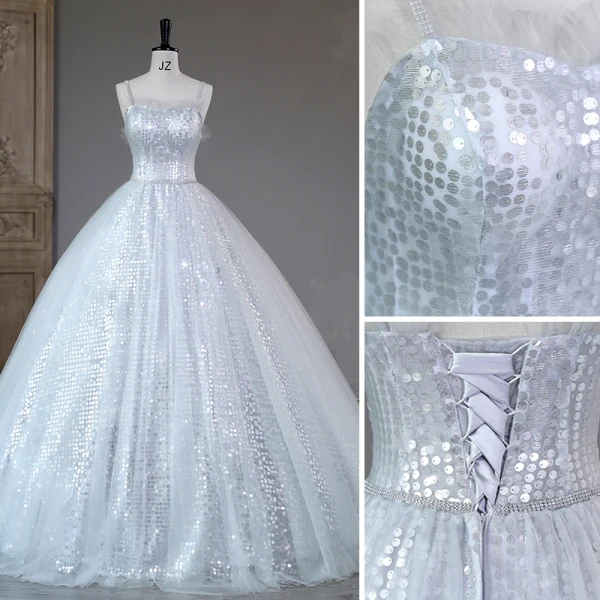 Sparkly Silver Sequins Prom Dresses 2023 Ball Gown Rhinestone Spaghetti Straps Sash Sleeveless Backless Floor-Length / Long Prom Formal Dresses