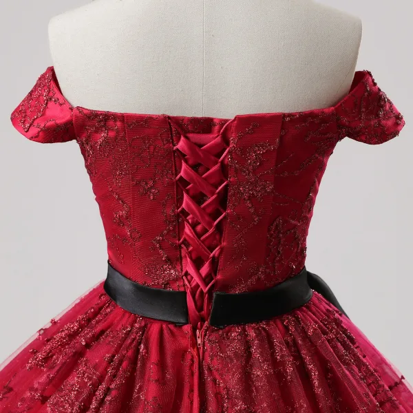 Chic Bordeaux Glitter Paillettes Noeud Ceinture Robe De Bal 2025 Robe Boule De l'épaule Sans Manches Dos Nu Longue Tulle Promo Robe De Ceremonie