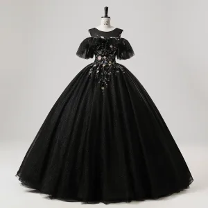 Vintage Retro Black Sequins Flower Prom Dresses 2025 Ball Gown Scoop Neck Short Sleeve Backless Floor Length Long Tulle Prom Formal Dresses