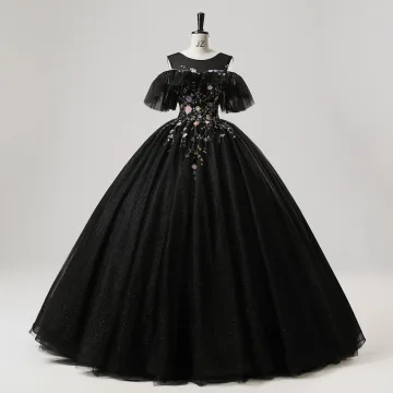 Vintage Retro Black Sequins Flower Prom Dresses 2025 Ball Gown Scoop Neck Short Sleeve Backless Floor Length Long Tulle Prom Formal Dresses