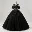 Vintage / Retro Black Sequins Flower Prom Dresses 2025 Ball Gown Scoop Neck Short Sleeve Backless Floor-Length / Long Tulle Prom Formal Dresses