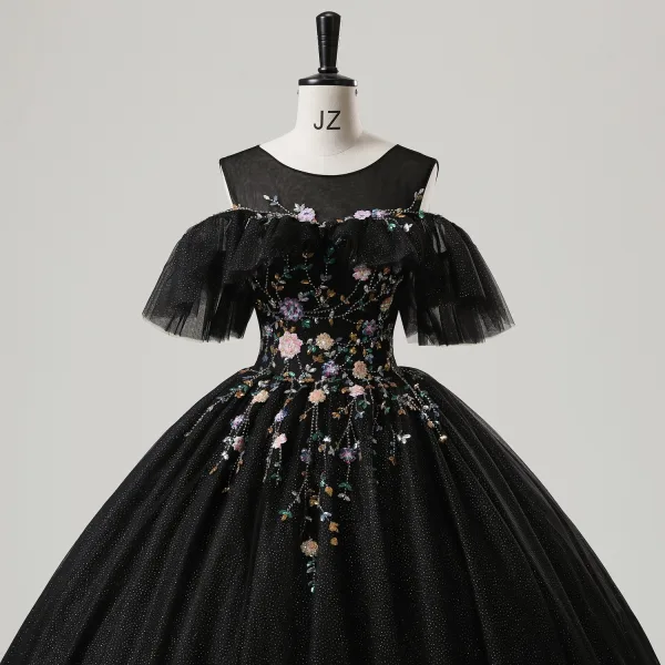 Vintage / Retro Black Sequins Flower Prom Dresses 2025 Ball Gown Scoop Neck Short Sleeve Backless Floor-Length / Long Tulle Prom Formal Dresses