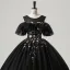 Vintage / Retro Black Sequins Flower Prom Dresses 2025 Ball Gown Scoop Neck Short Sleeve Backless Floor-Length / Long Tulle Prom Formal Dresses