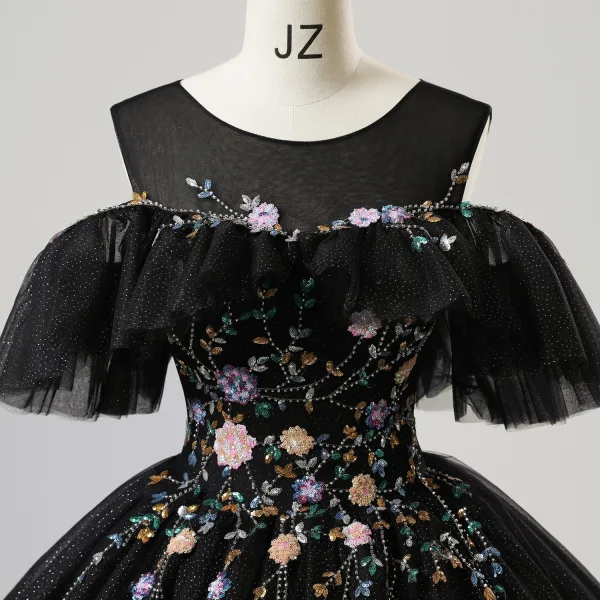 Vintage / Retro Black Sequins Flower Prom Dresses 2025 Ball Gown Scoop Neck Short Sleeve Backless Floor-Length / Long Tulle Prom Formal Dresses