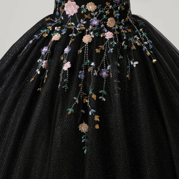 Vintage / Retro Black Sequins Flower Prom Dresses 2025 Ball Gown Scoop Neck Short Sleeve Backless Floor-Length / Long Tulle Prom Formal Dresses