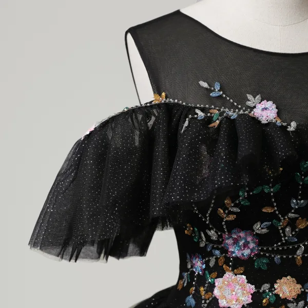 Vintage / Retro Black Sequins Flower Prom Dresses 2025 Ball Gown Scoop Neck Short Sleeve Backless Floor-Length / Long Tulle Prom Formal Dresses