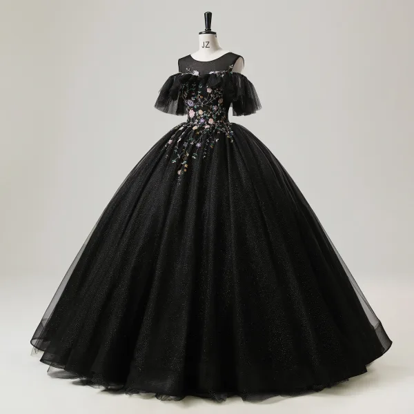 Vintage / Retro Black Sequins Flower Prom Dresses 2025 Ball Gown Scoop Neck Short Sleeve Backless Floor-Length / Long Tulle Prom Formal Dresses
