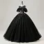 Vintage / Retro Black Sequins Flower Prom Dresses 2025 Ball Gown Scoop Neck Short Sleeve Backless Floor-Length / Long Tulle Prom Formal Dresses