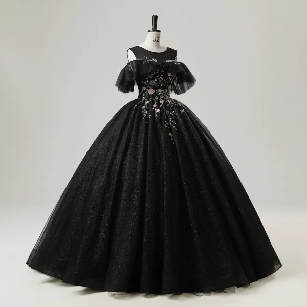 Vintage / Retro Black Sequins Flower Prom Dresses 2025 Ball Gown Scoop Neck Short Sleeve Backless Floor-Length / Long Tulle Prom Formal Dresses