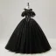 Vintage / Retro Black Sequins Flower Prom Dresses 2025 Ball Gown Scoop Neck Short Sleeve Backless Floor-Length / Long Tulle Prom Formal Dresses