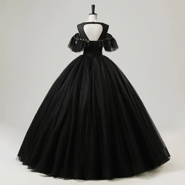 Vintage / Retro Black Sequins Flower Prom Dresses 2025 Ball Gown Scoop Neck Short Sleeve Backless Floor-Length / Long Tulle Prom Formal Dresses
