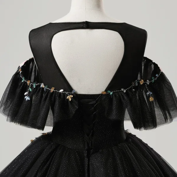 Vintage / Retro Black Sequins Flower Prom Dresses 2025 Ball Gown Scoop Neck Short Sleeve Backless Floor-Length / Long Tulle Prom Formal Dresses