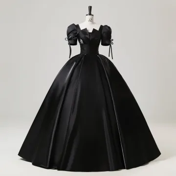 Vintage Retro Black Beading Lace Flower Satin Prom Dresses 2025 Ball Gown Square Neckline Puffy Short Sleeve Backless Floor Length Long Prom Formal Dresses