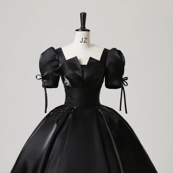 Vintage / Retro Black Beading Lace Flower Satin Prom Dresses 2025 Ball Gown Square Neckline Puffy Short Sleeve Backless Floor-Length / Long Prom Formal Dresses