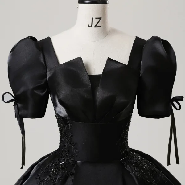 Vintage / Retro Black Beading Lace Flower Satin Prom Dresses 2025 Ball Gown Square Neckline Puffy Short Sleeve Backless Floor-Length / Long Prom Formal Dresses