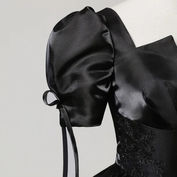 Vintage / Retro Black Beading Lace Flower Satin Prom Dresses 2025 Ball Gown Square Neckline Puffy Short Sleeve Backless Floor-Length / Long Prom Formal Dresses