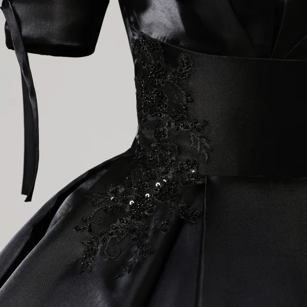 Vintage / Retro Black Beading Lace Flower Satin Prom Dresses 2025 Ball Gown Square Neckline Puffy Short Sleeve Backless Floor-Length / Long Prom Formal Dresses