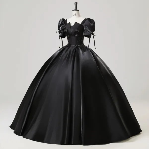 Vintage / Retro Black Beading Lace Flower Satin Prom Dresses 2025 Ball Gown Square Neckline Puffy Short Sleeve Backless Floor-Length / Long Prom Formal Dresses